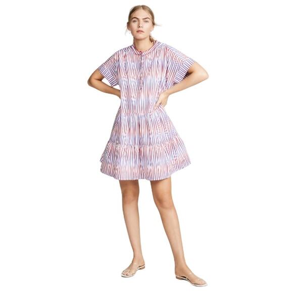 SALONI Ashley Mini Dress Optic Stripe Blue Pink Red Tiered Oversize Cotton Beach - Picture 4 of 16
